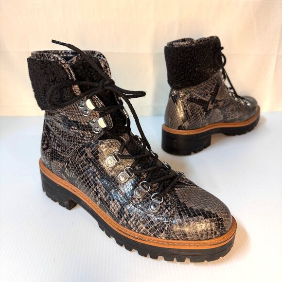 MARC FISHER Isalia 2 Combat Boots Size 8‎ Faux Snake Skin Fleece Lace Up Winter - Picture 1 of 10